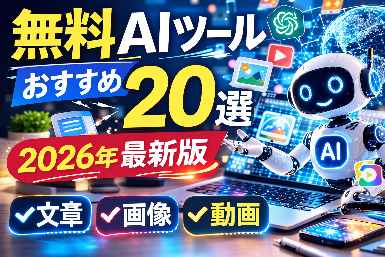 無料AIツールおすすめ20選【2026年最新版】